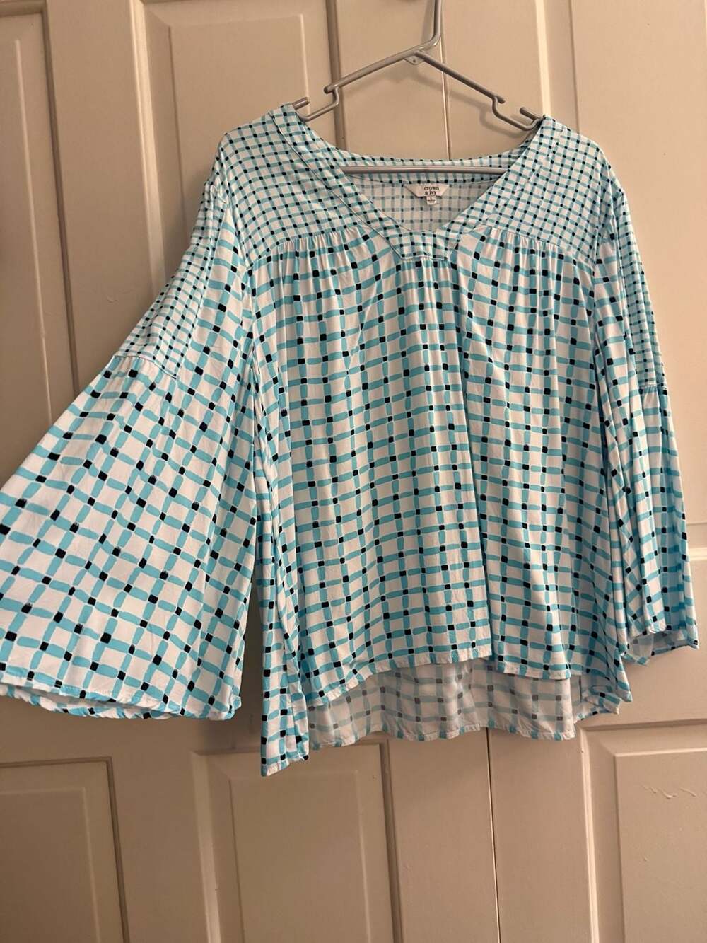 Crown & Ivy Women's Blue and White Plaid Bell Sleeve Blouse Size L